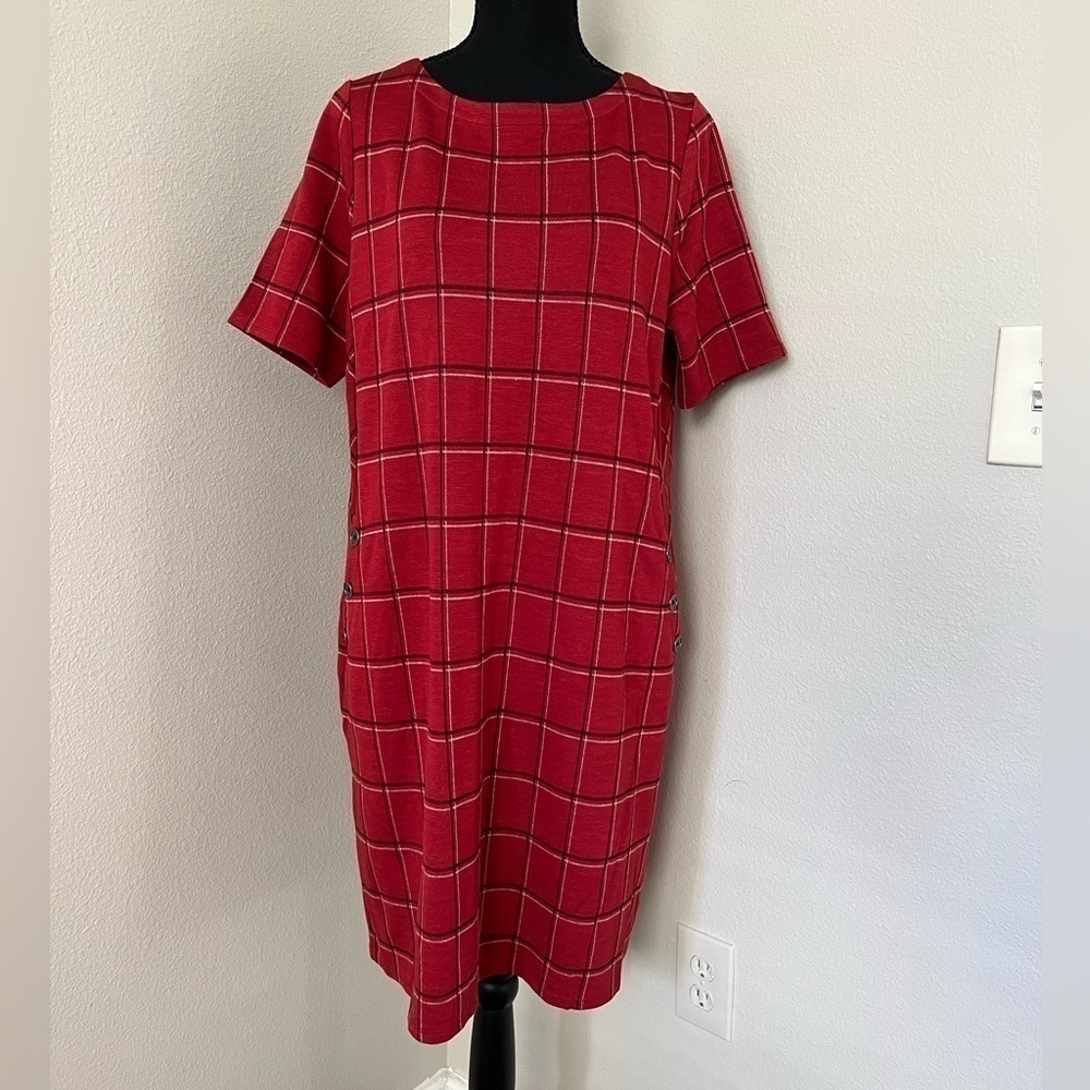 J. Jill Red Plaid Short Sleeve Knit Dress